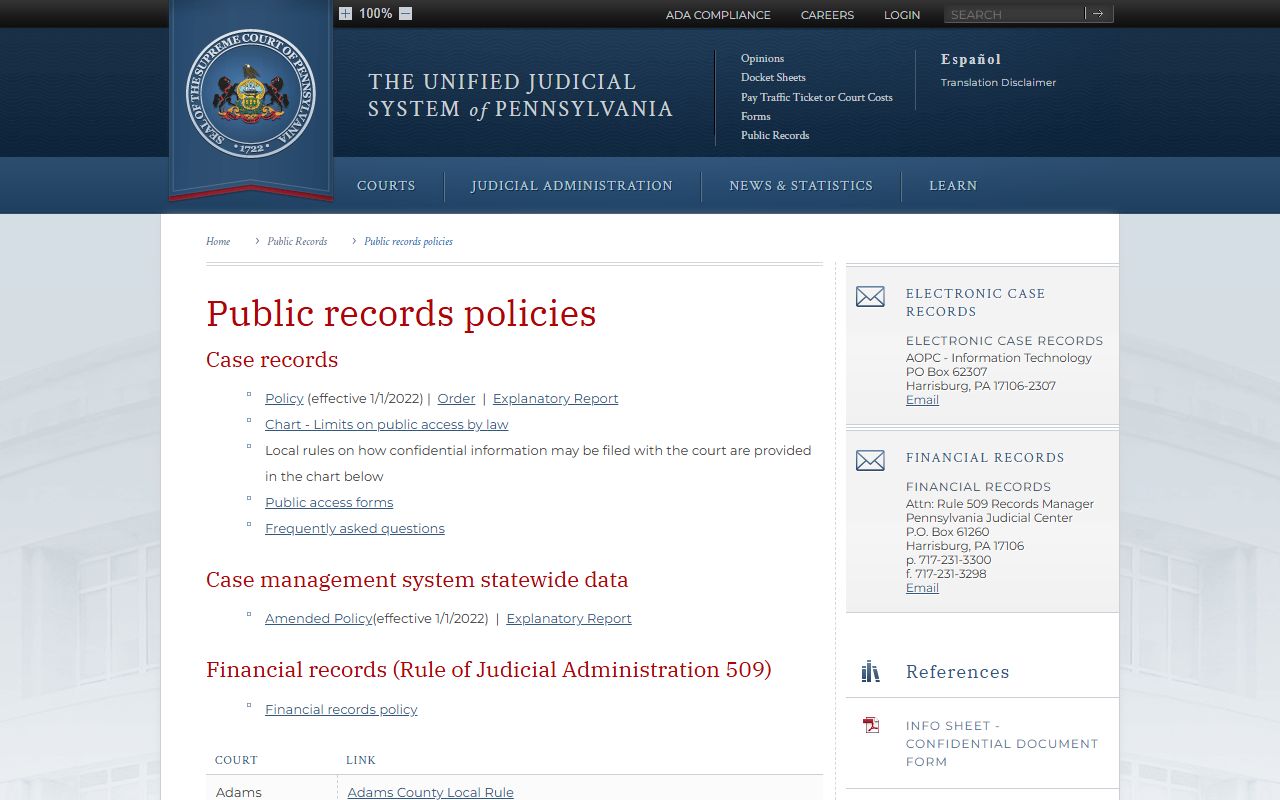 Clinton County court records Pennsylvania judiciary public records policies