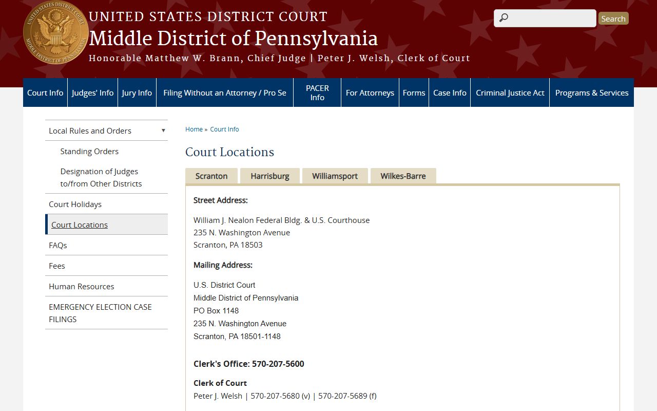 Clinton County federal court records and Middle District courthouse locations