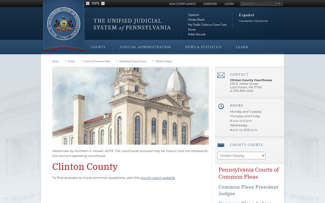 Clinton County Court of Common Pleas record information from Pennsylvania courts