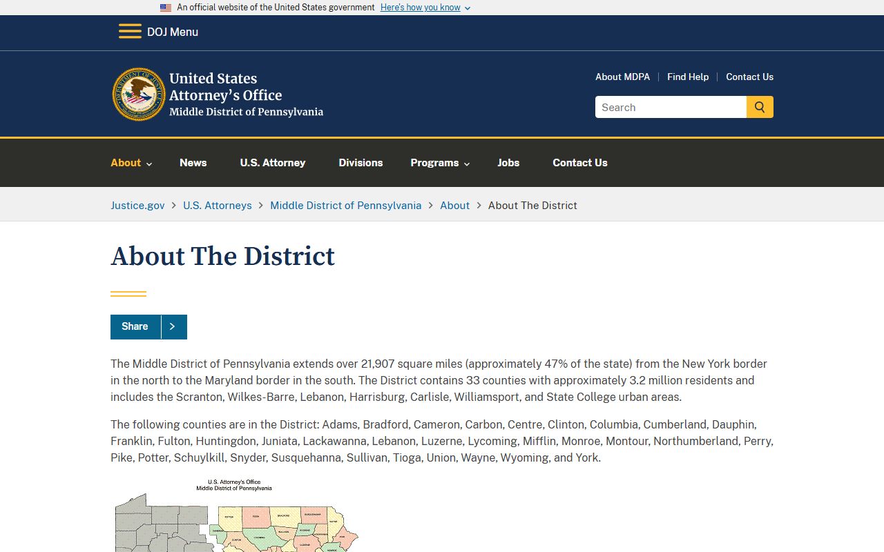 Clinton County federal criminal court coverage by the U.S. Attorney Middle District